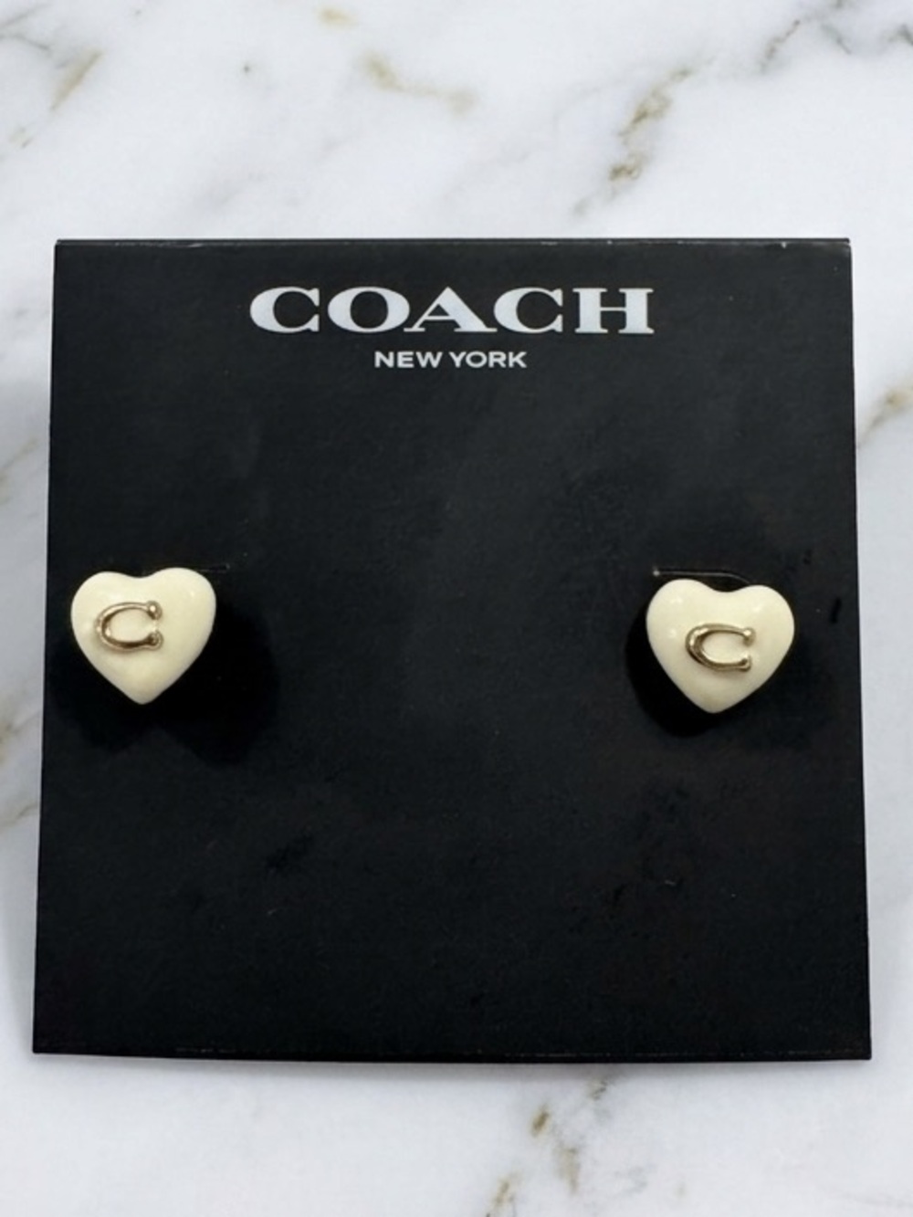 Coach Cream Heart Stud Earrings with Gold 'C' Accent